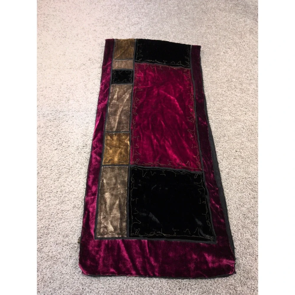 Jewel Tone Velvet Patchwork Scarf Burgundy Gold‎ Black Silk Blend Wrap 60x12